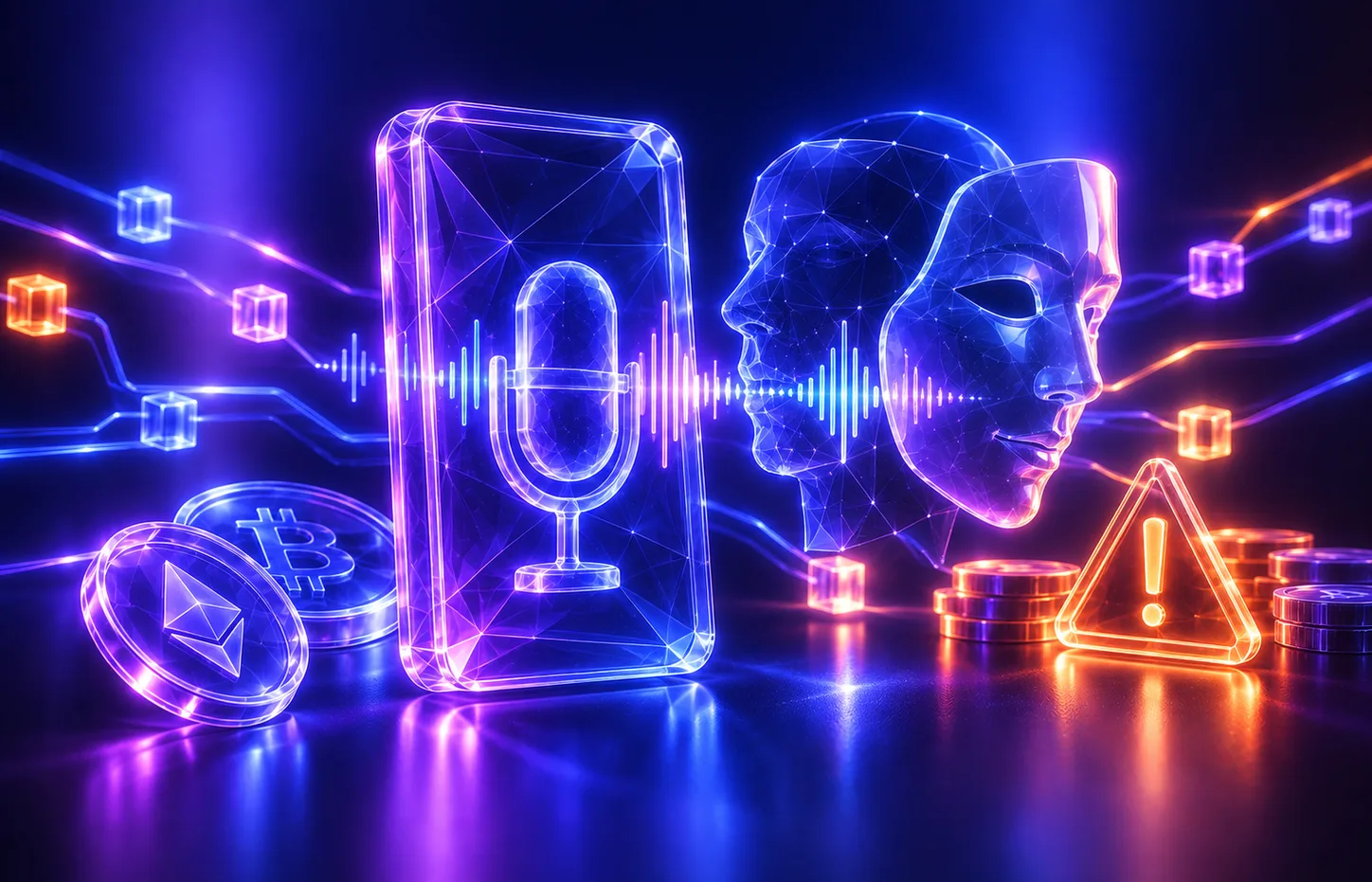 Microphone soundwave turning into a masked synthetic face beside a warning sign