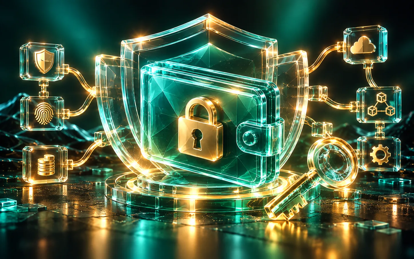 Locked wallet inside a shield connected to authentication and backup controls