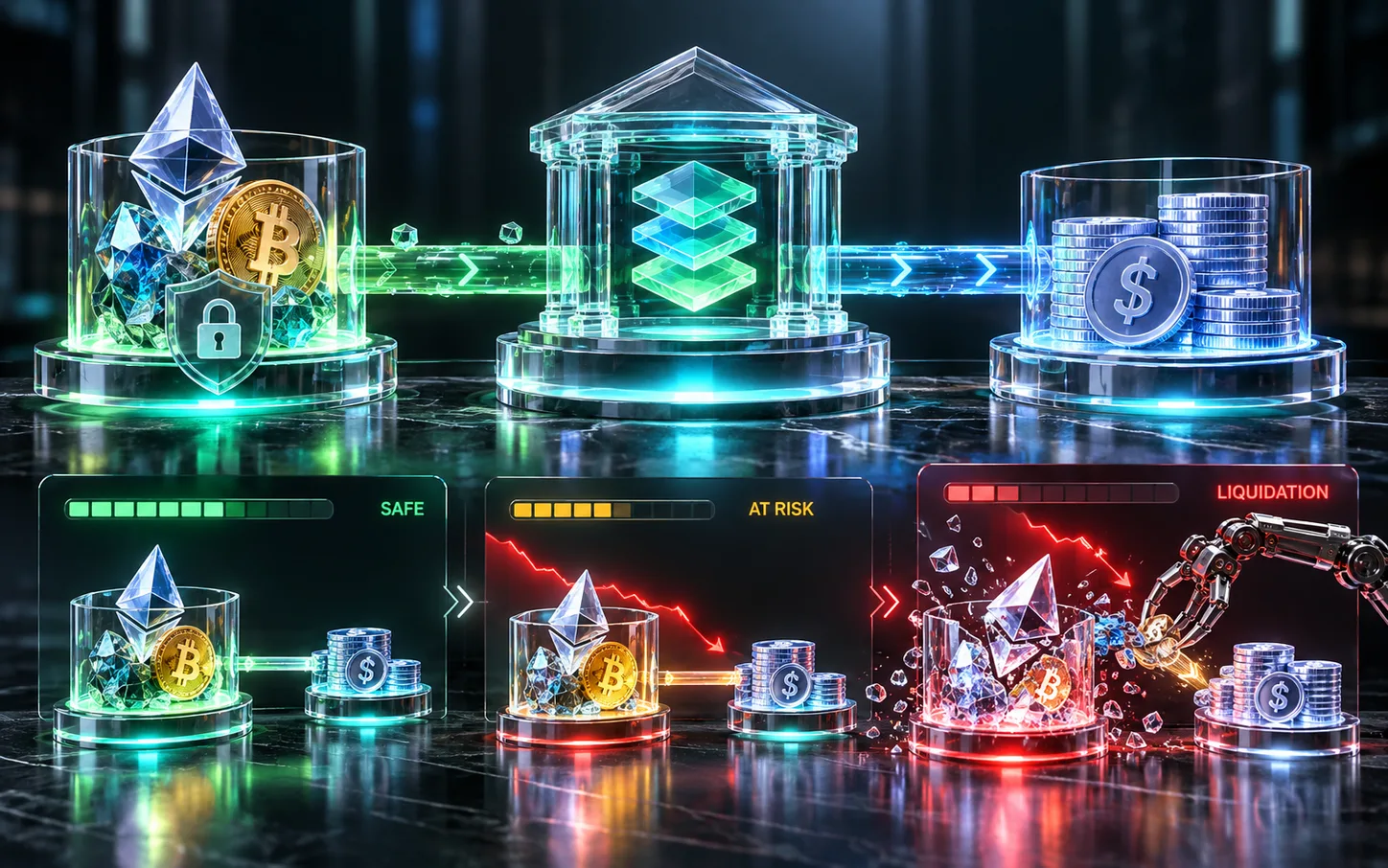 Crypto collateral backing a loan as it moves from safe to at risk to liquidation