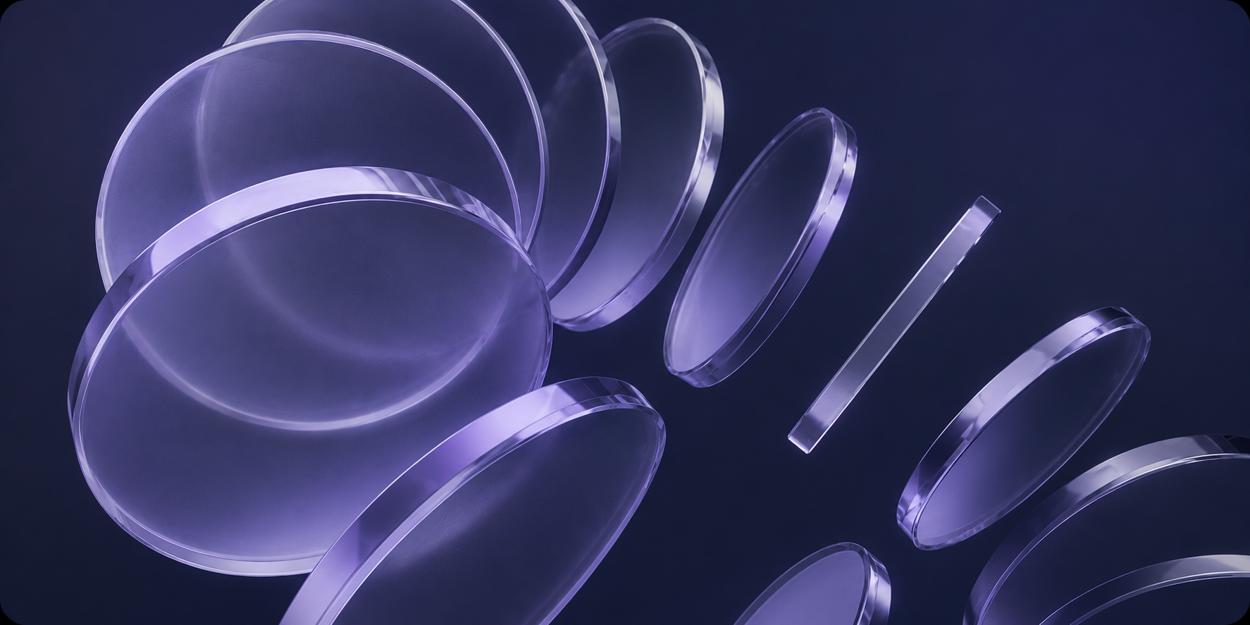 Translucent violet coins suspended in space