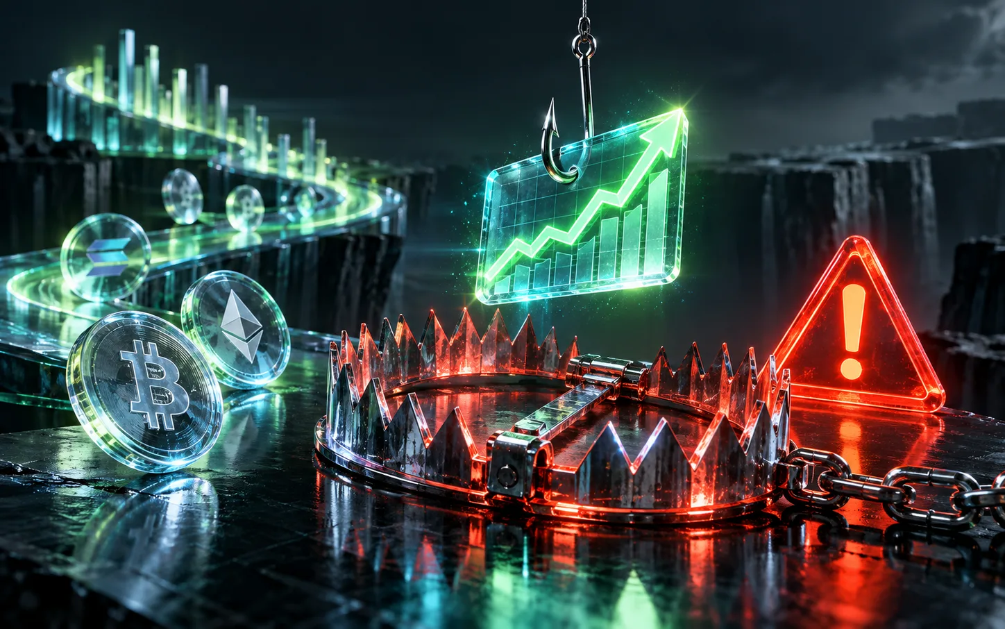 Rising returns chart on a fishhook dangling above a spiked trap and a warning sign