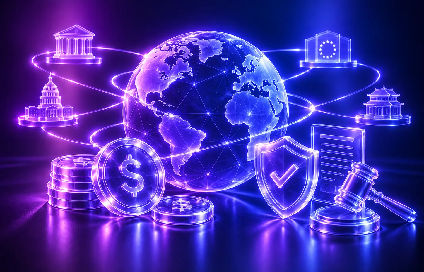 Globe ringed by government buildings, a stablecoin, a compliance shield, and a gavel