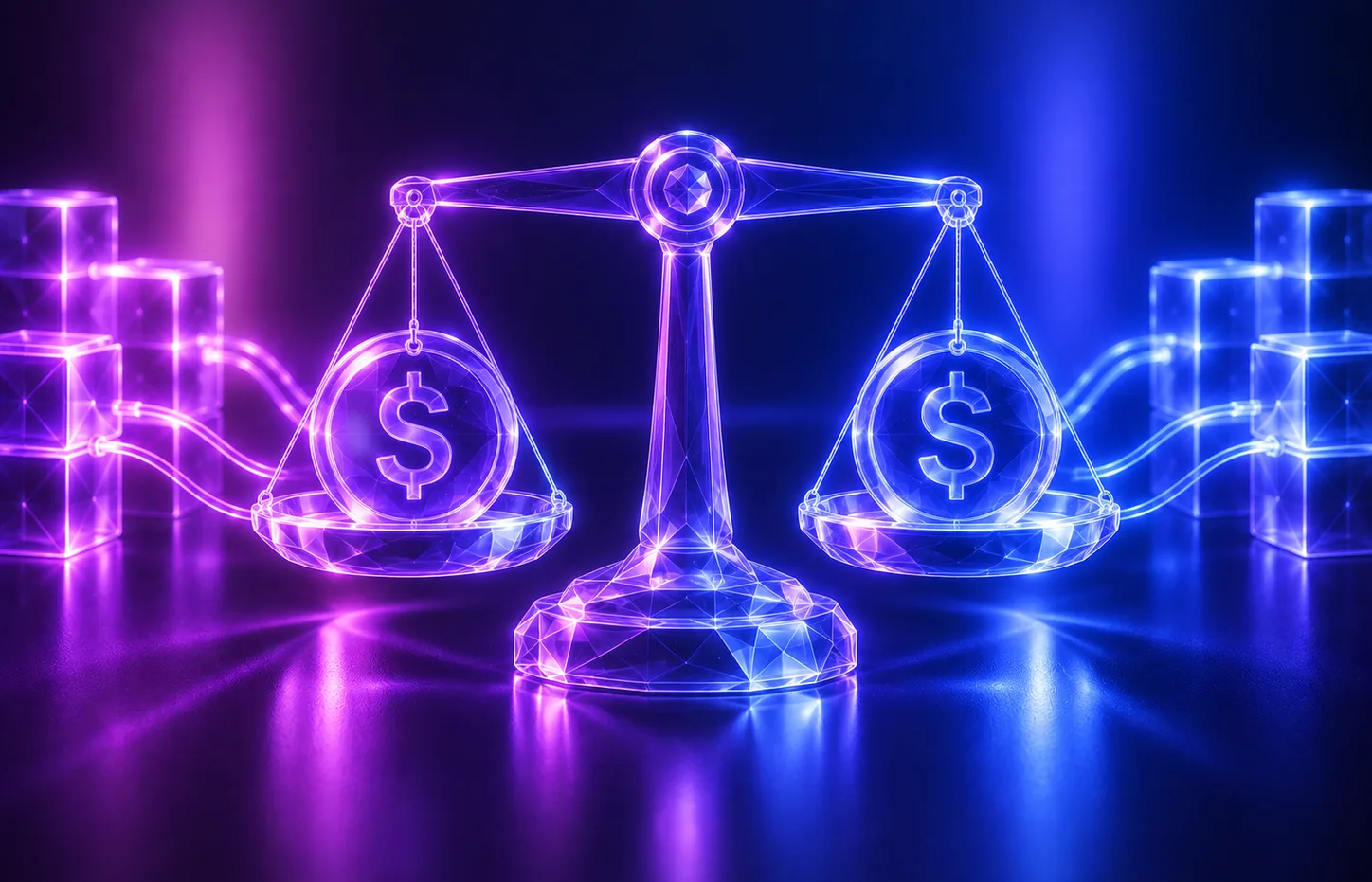 Balance scale holding two dollar coins level between blocks of reserves