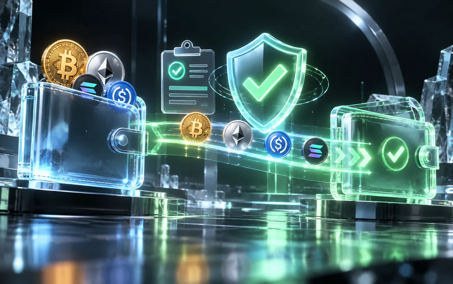 Crypto moving from one wallet to another past a checklist and a verification shield