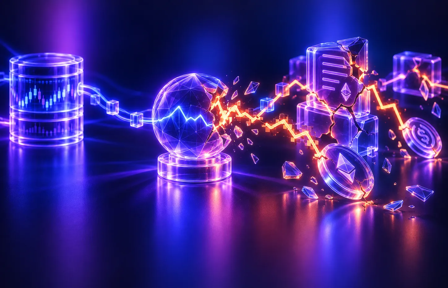 Price feed from a data source cracking as it reaches crypto tokens