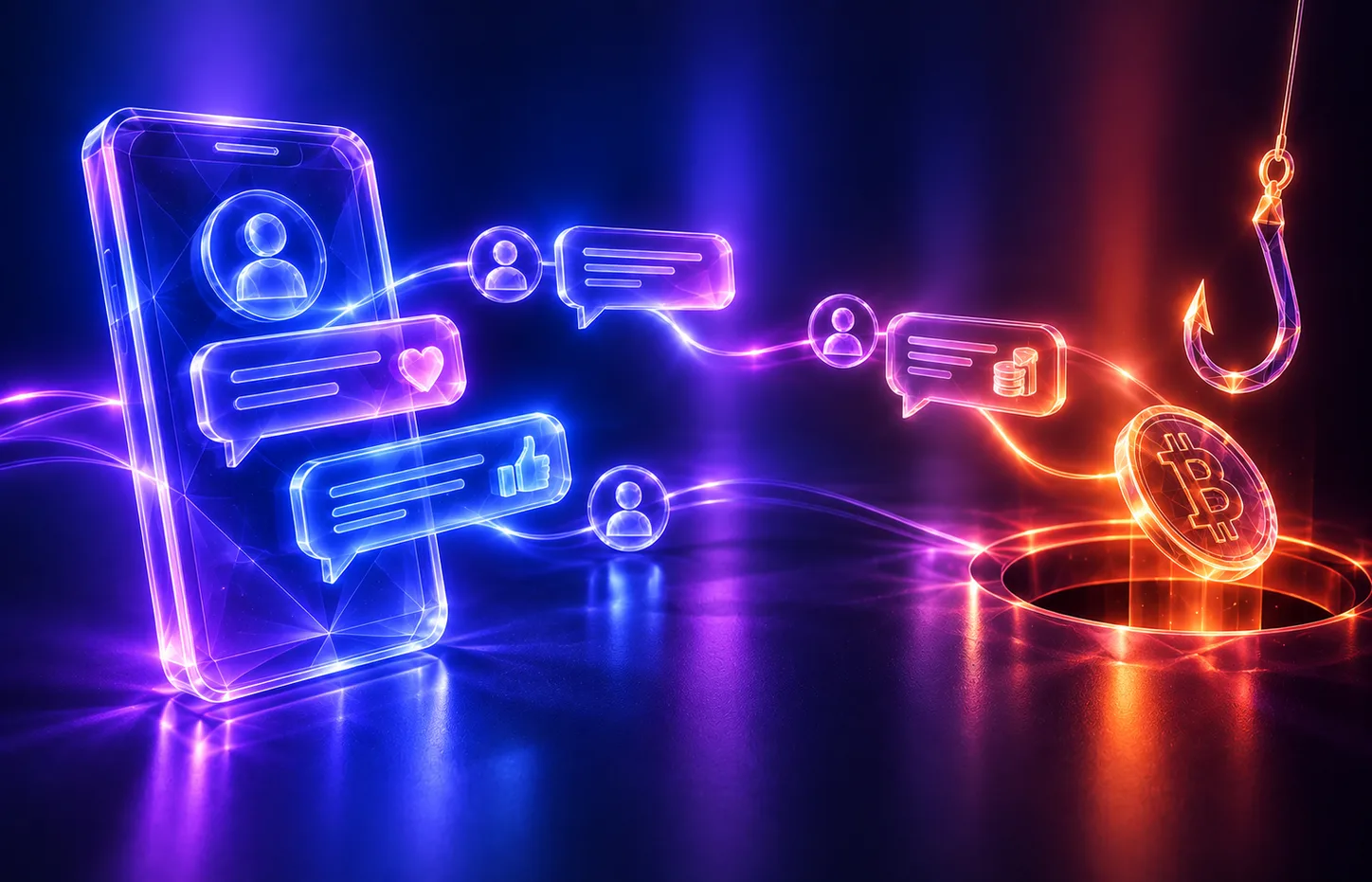 Friendly chat messages leading from a phone to a fishhook and a Bitcoin falling into a hole