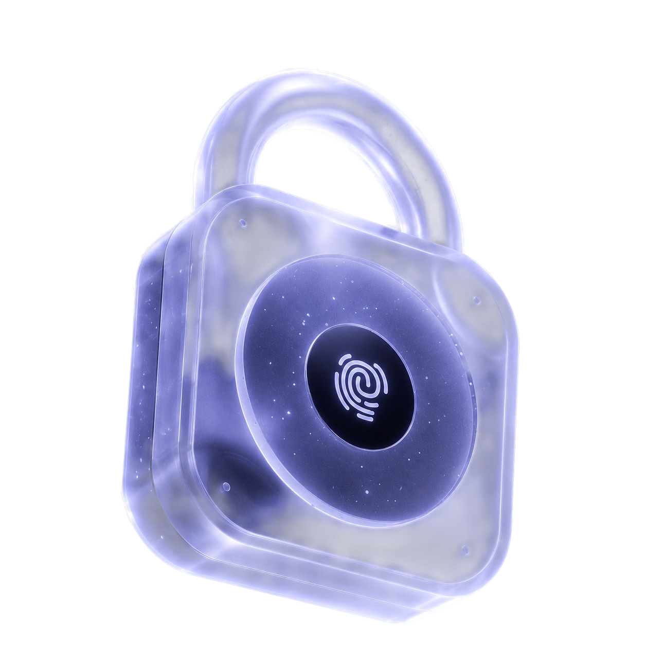 A digital lock glowing in violet light