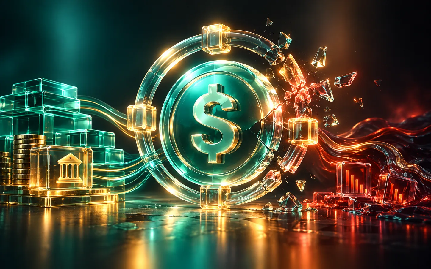 Dollar stablecoin linked to reserves on one side and shattering on the other