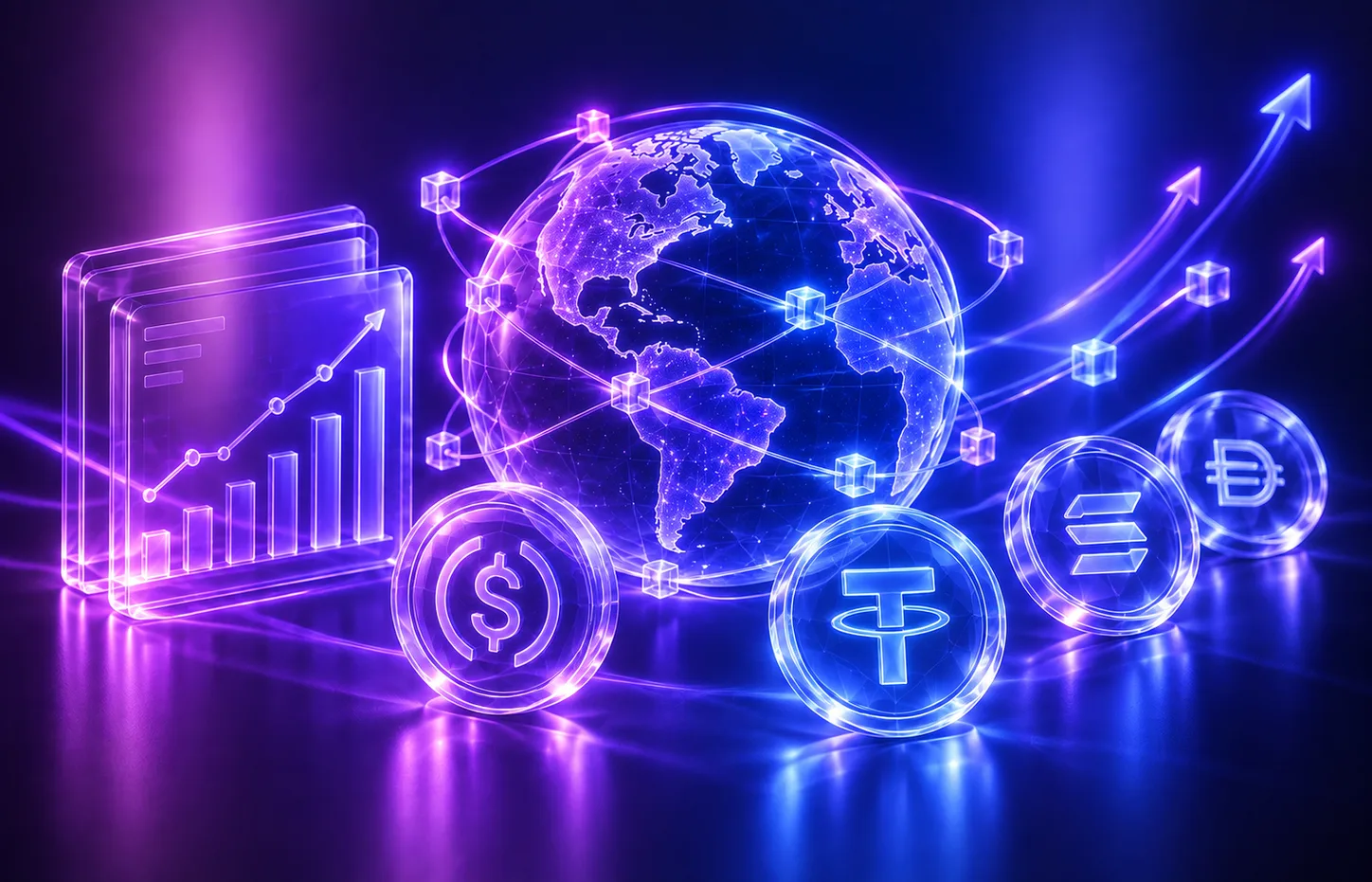 Globe with rising adoption charts surrounded by major stablecoins
