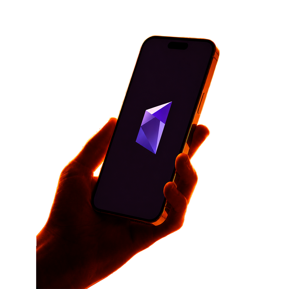 A hand holding a phone with the Bron Wallet symbol