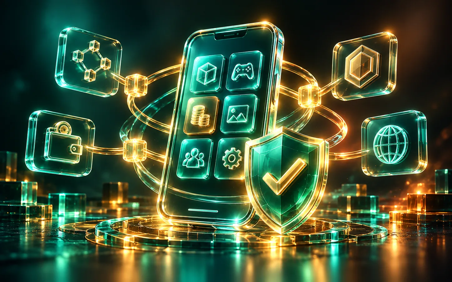 Phone of decentralised app icons protected by a verification shield