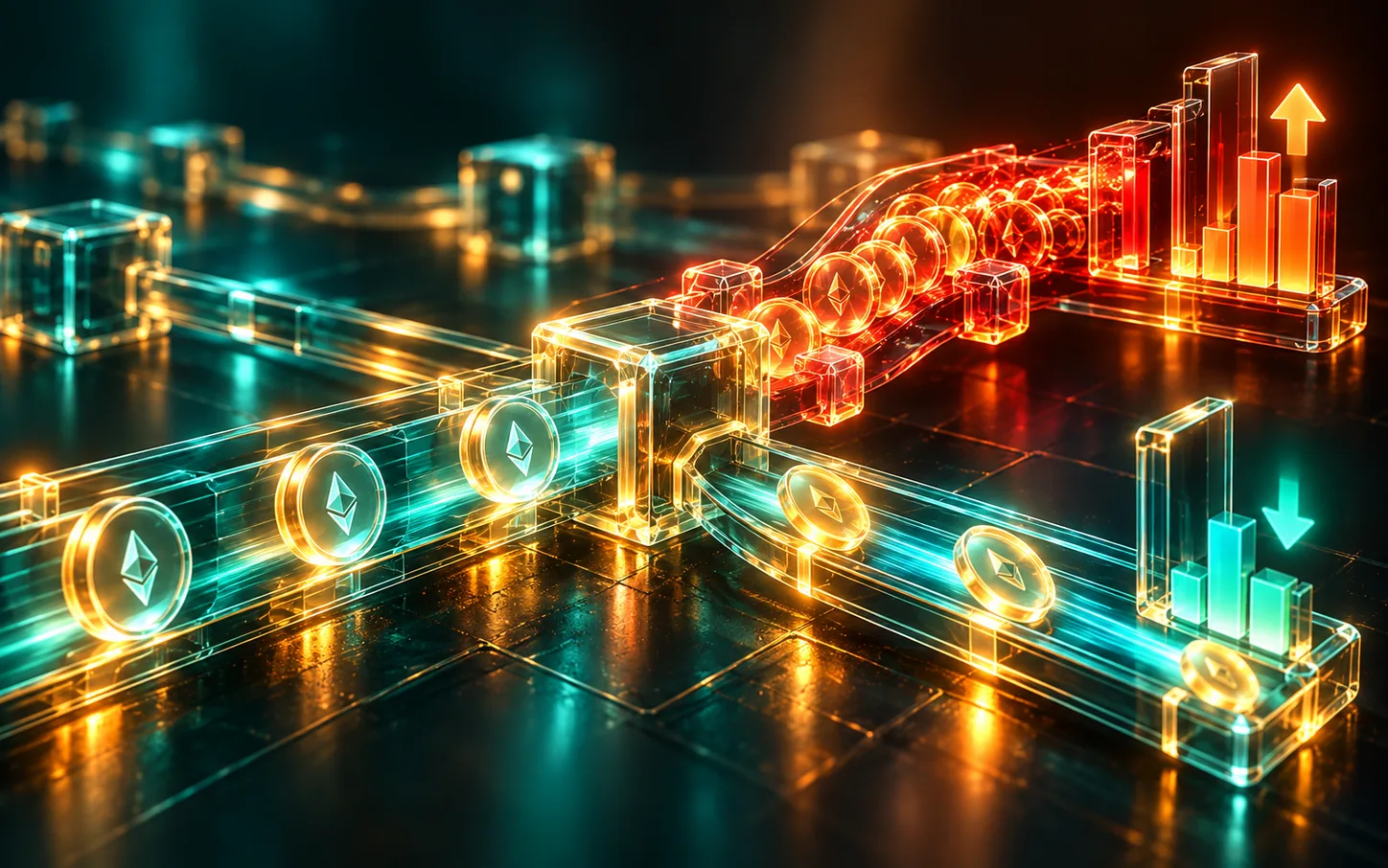 Transactions on a congested network lane beside rising and falling fee charts