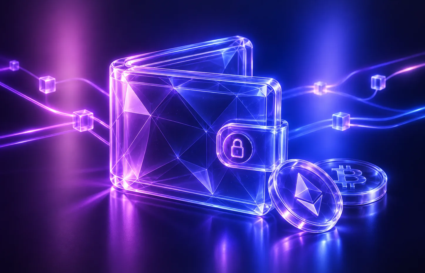 Glass wallet with a lock beside Ether and Bitcoin coins on a glowing network