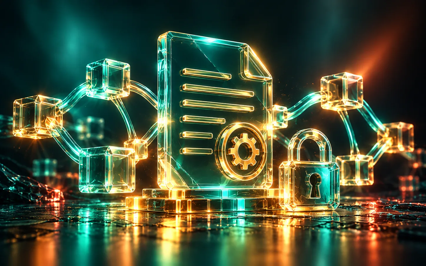 Contract document with a gear and a padlock connected to blockchain blocks