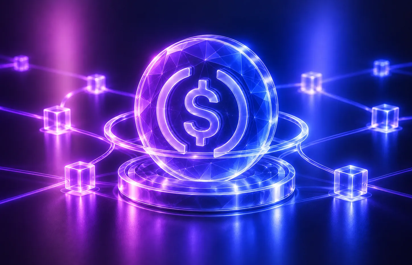 Dollar-pegged stablecoin resting on a pedestal within a blockchain network
