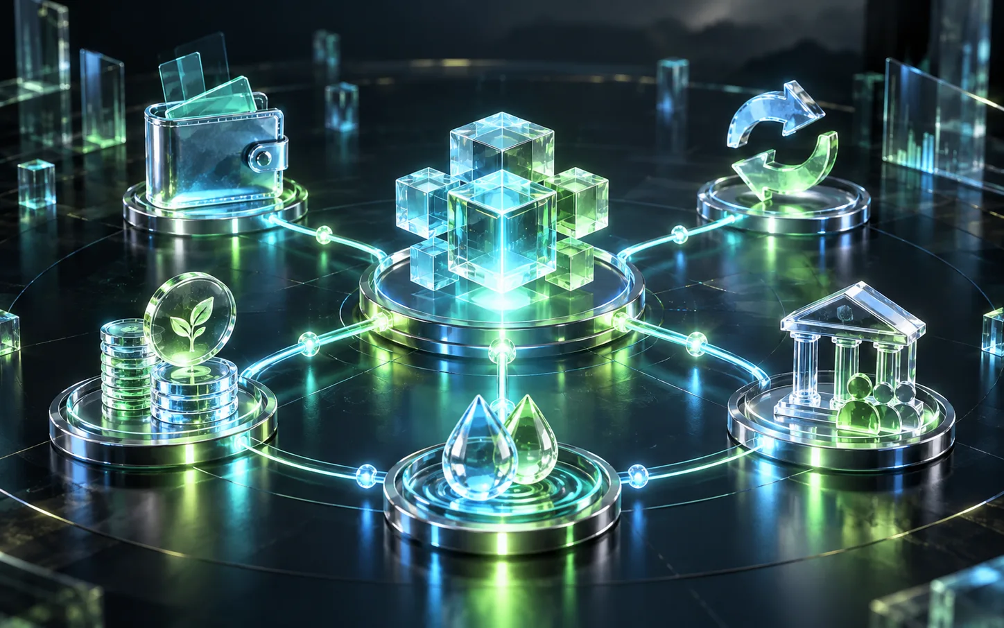 Wallet, lending, swaps, and liquidity pools connected around a central protocol